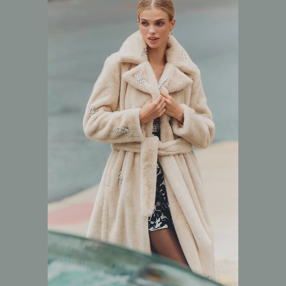 NEW Avec Les Filles Sizes M, L Embellished Faux Fur Belted Long Coat - Natural - Picture 1 of 5